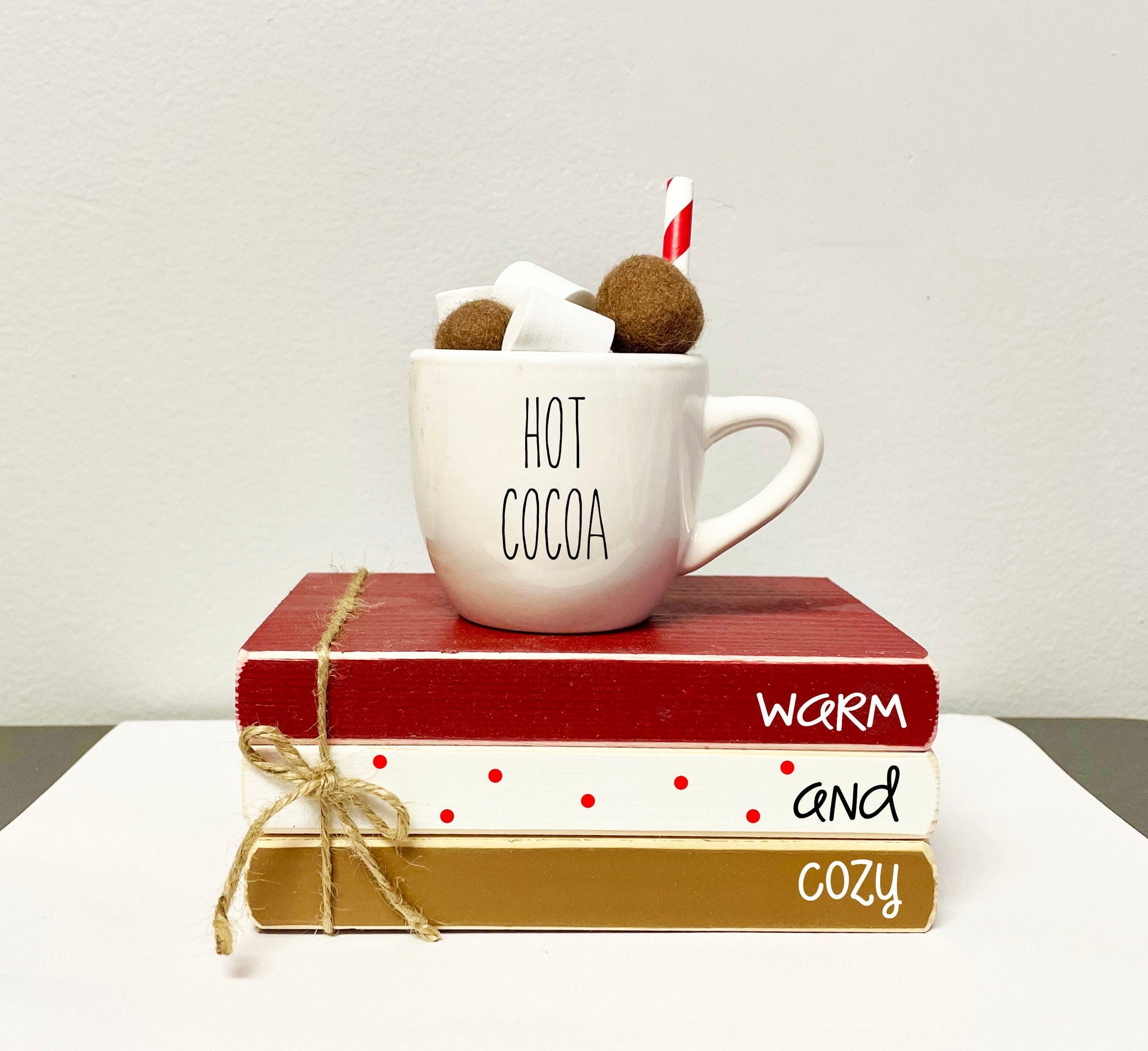 Holiday tiered tray, Hot cocoa mug, Faux marshmallows, Tiered tray decor, Book stack, Christmas decor, hot cocoa bar, Wooden books