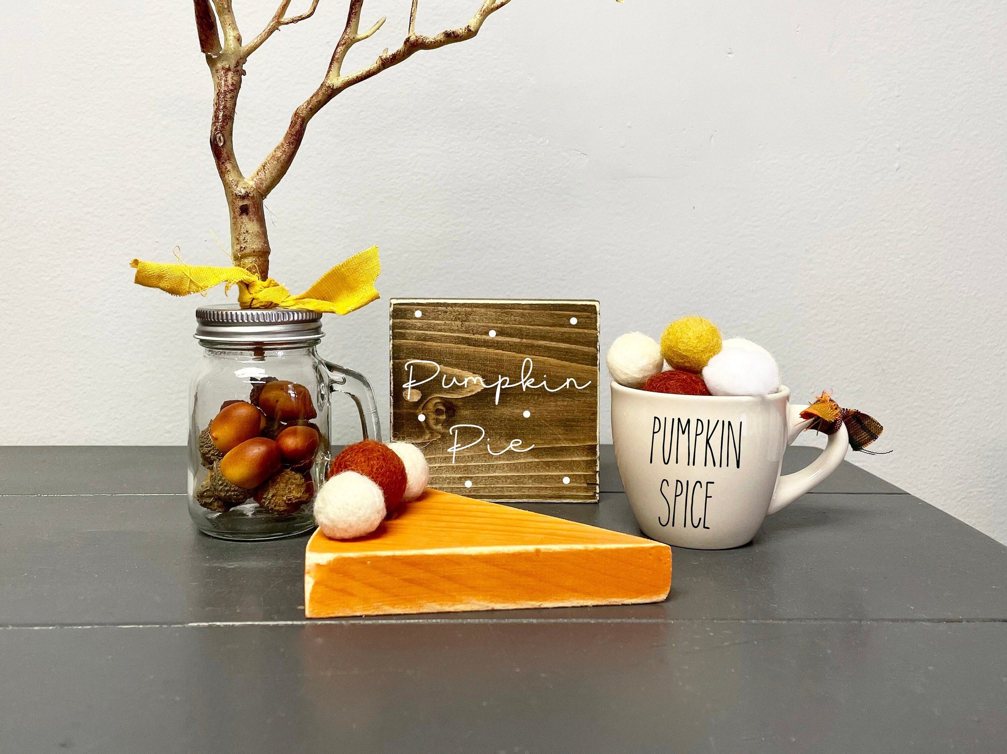 Faux pumpkin pie, Pumpkin spice mug, Fall tiered tray, Fall decor, Tiered tray, Wooden pumpkin pie, Wood sign