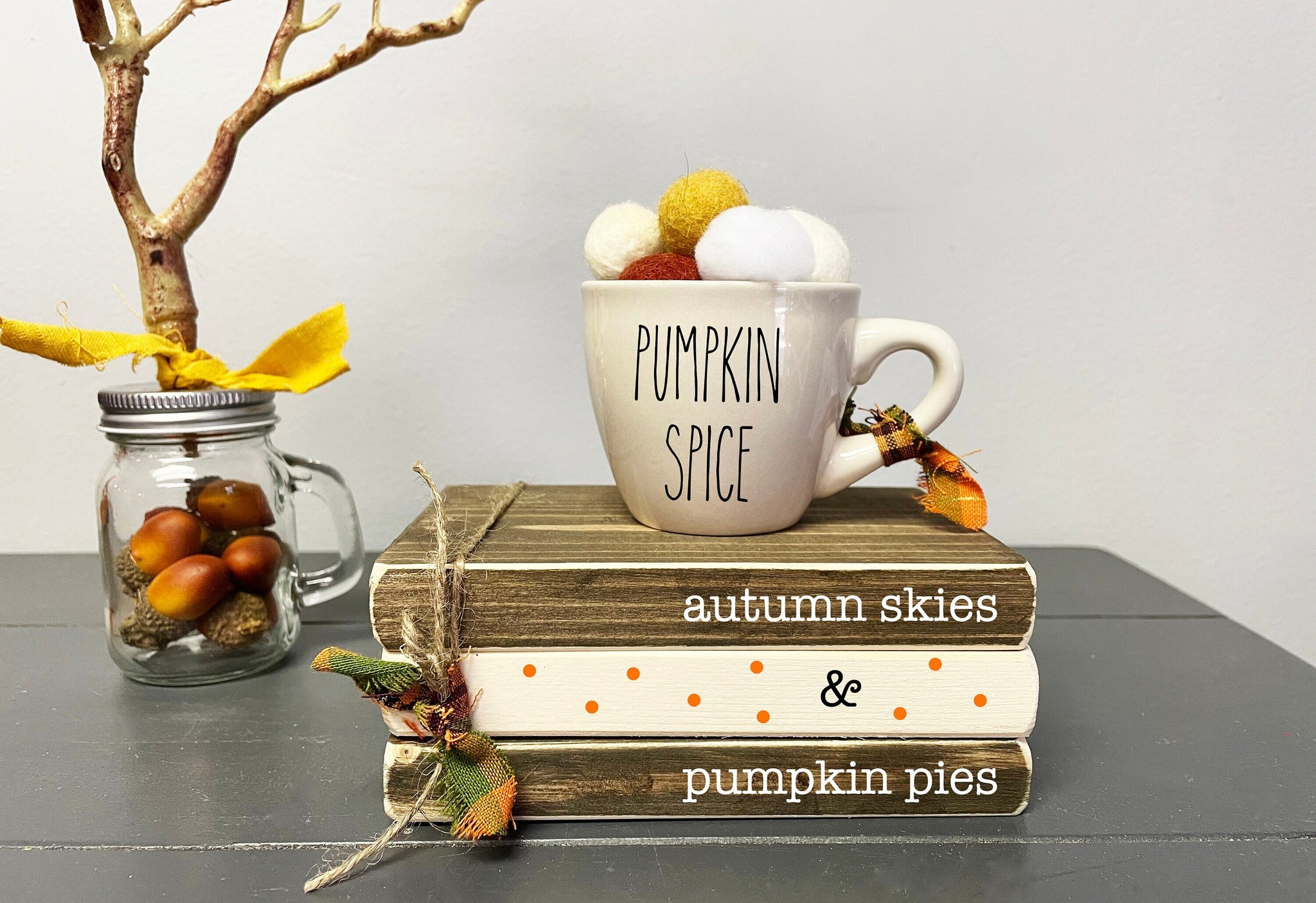 Fall tiered tray, Fall decor, Pumpkin spice, Wooden books, Book stack, Mini mug, Autumn skies and pumpkin pie, Tiered tray decor,