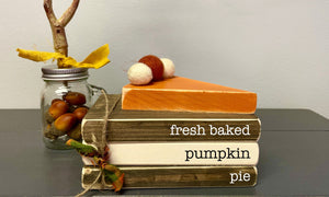 Fall tiered tray, Fall decor, Pumpkin pie, Wooden books, Book stack, faux food, Tiered tray decor, Wooden pumpkin pie, Fresh baked