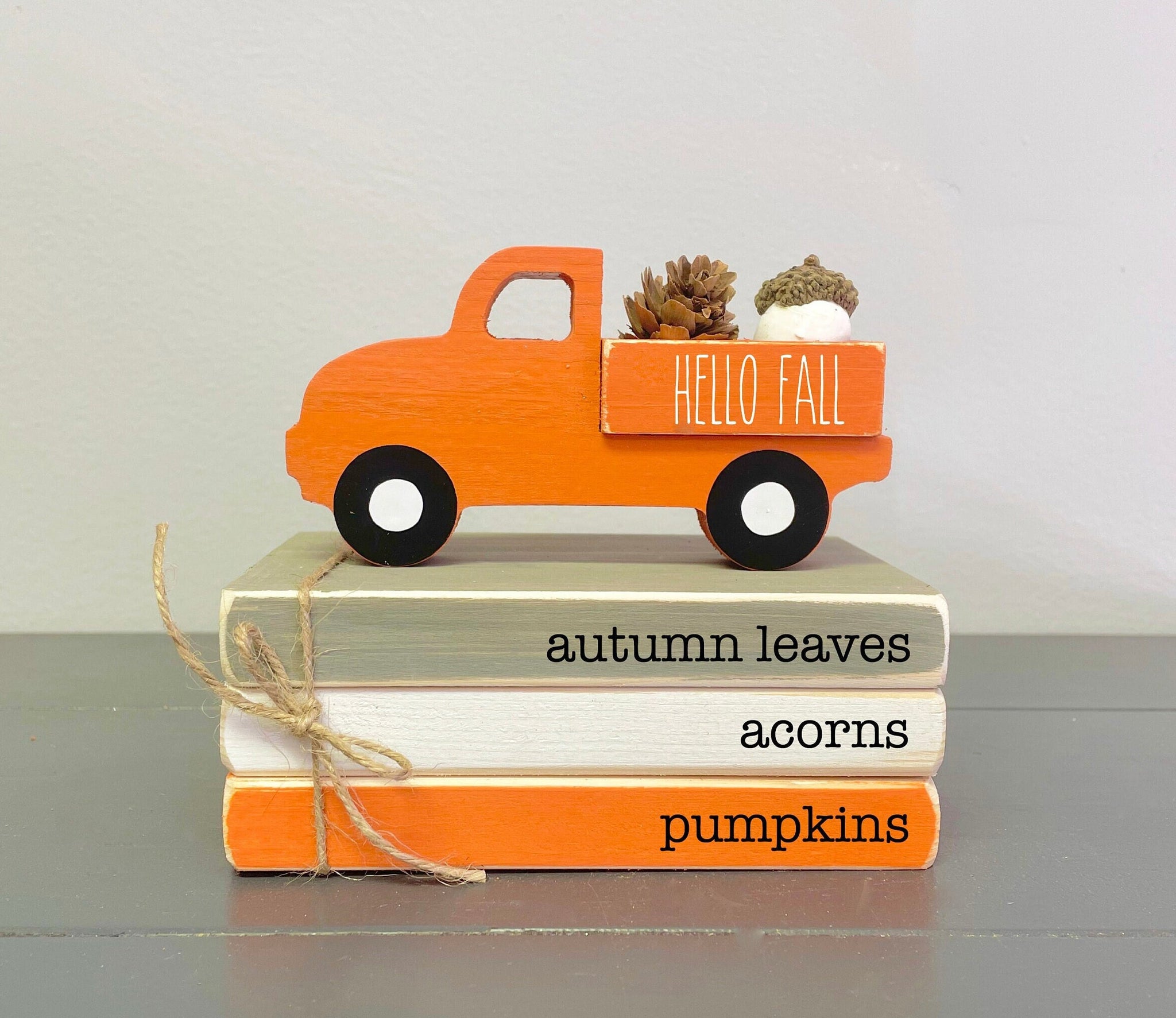 Fall decor, Tiered tray decor,  Pumpkin truck, Mini book bundle, Book stack, Wooden truck, Faux books, books, Farmhouse truck, Hello fall