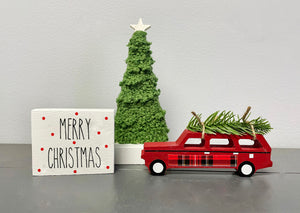 Christmas decor, Wooden station wagon, Tiered tray, Plaid,  Farmhouse, Sweater tree, Wooden sign, Teacher gift