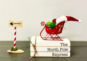 Christmas decor, Metal sleigh, Tiered tray decor, Mini book bundle, Book stack, Santa, Faux books, The North Pole, Christmas gift
