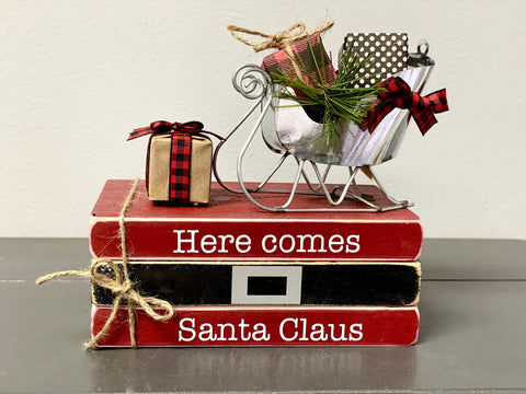 Christmas decor, Metal sleigh, Tiered tray decor, Mini book bundle, Book stack, Santa, Faux books, The North Pole, Christmas gift