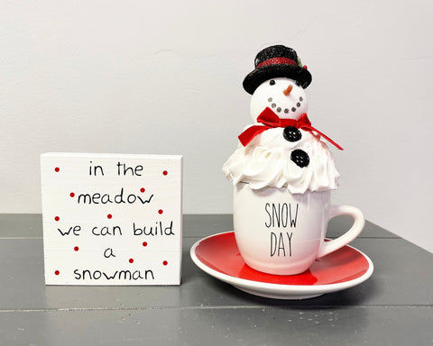 Snowman mug topper , Tiered tray sign, Christmas decor, mini mug, Red saucer, Wooden sign, Faux whipped cream, Coffee bar, Hot cocoa