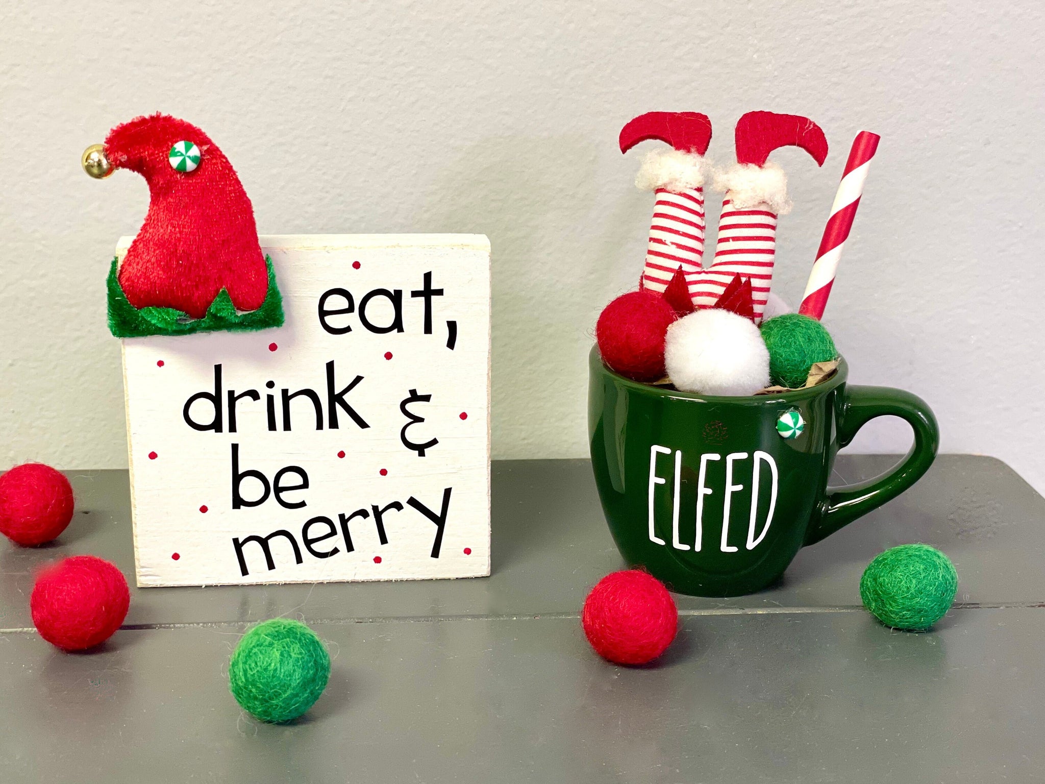 Elfed mug, Tiered tray, Holiday tiered tray, Mini mug, Eat drink and be merry, Christmas decor, Wood sign, Elf sign