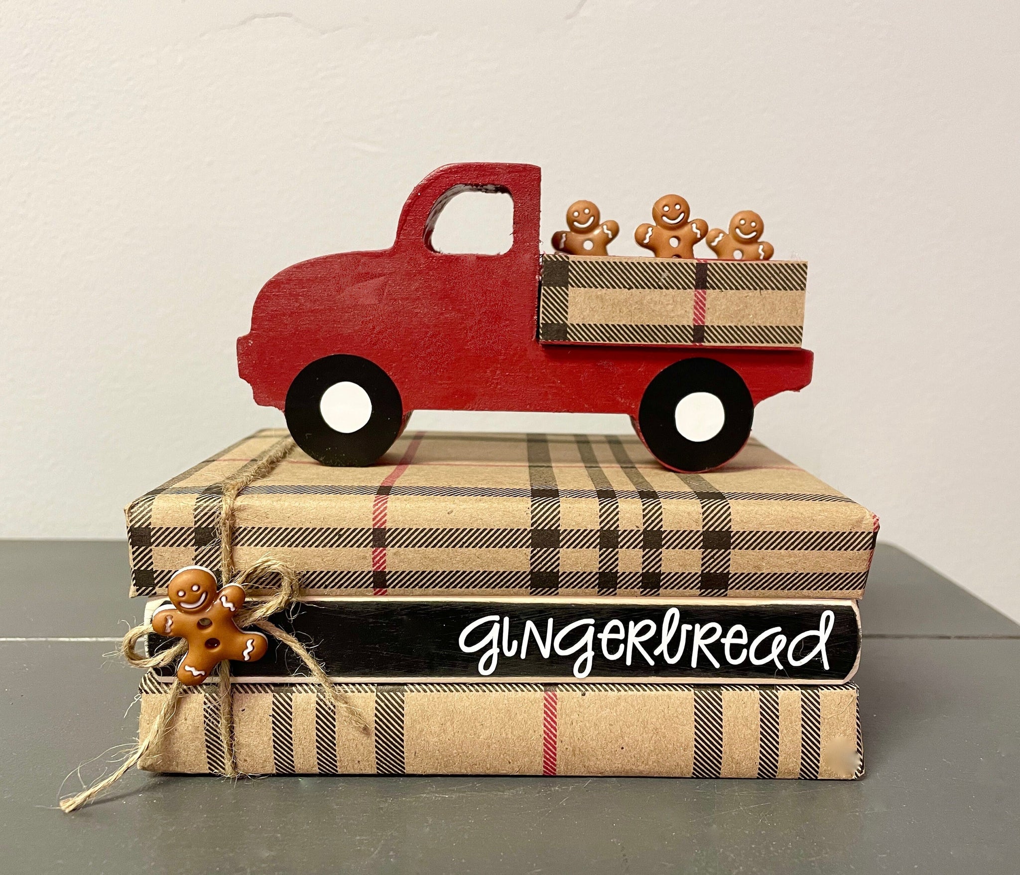 Plaid gingerbread truck, Tiered tray decor, Mini book bundle, Book stack, red truck, Faux books, Plaid books,  Christmas, hostess gift