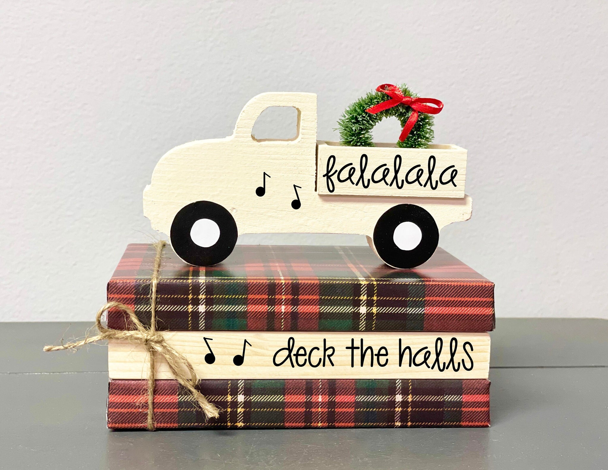 Plaid books, Deck the halls, plaid truck, Tiered tray decor, Mini book bundle, Book stack, Christmas, hostess gift