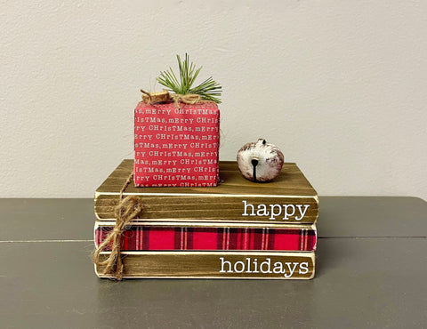 Christmas book bundle, Tiered tray decor, Plaid,  mini book stack, Christmas decor, farmhouse, faux present, Teacher gift, wooden books