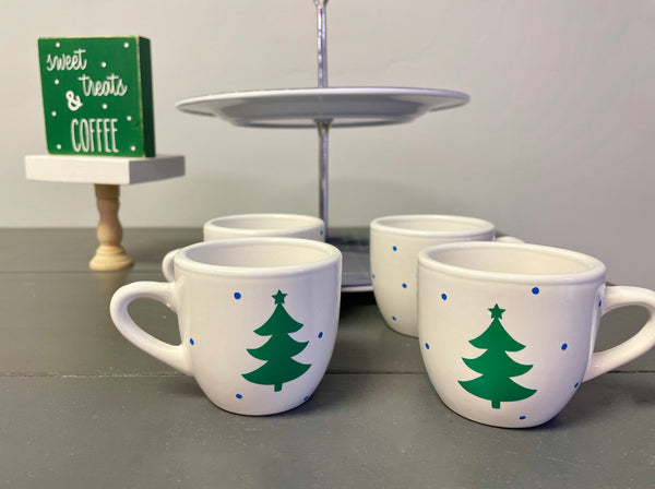 Holiday tiered trays, Plaid, Desert table, Set of 4 espresso mugs, Christmas decor, Hostess, Hot cocoa tray, Sweet treats, Coffee bar