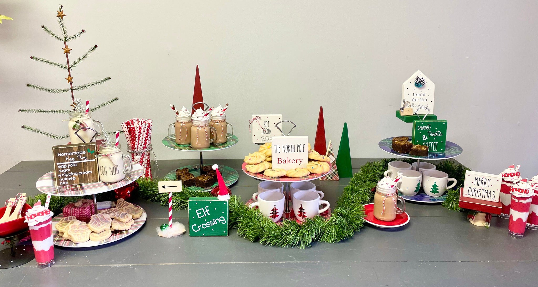 Holiday tiered trays, Plaid, Desert table, Set of 4 espresso mugs, Christmas decor, Hostess, Hot cocoa tray, Sweet treats, Coffee bar