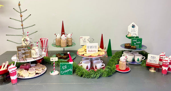 Holiday tiered trays, Plaid, Desert table, Set of 4 espresso mugs, Christmas decor, Hostess, Hot cocoa tray, Sweet treats, Coffee bar