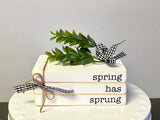 Wooden books, Spring decor, Mini book stack, Spring has sprung,  Farmhouse decor, Faux books, Tiered tray decor, kitchen decor, Greenery