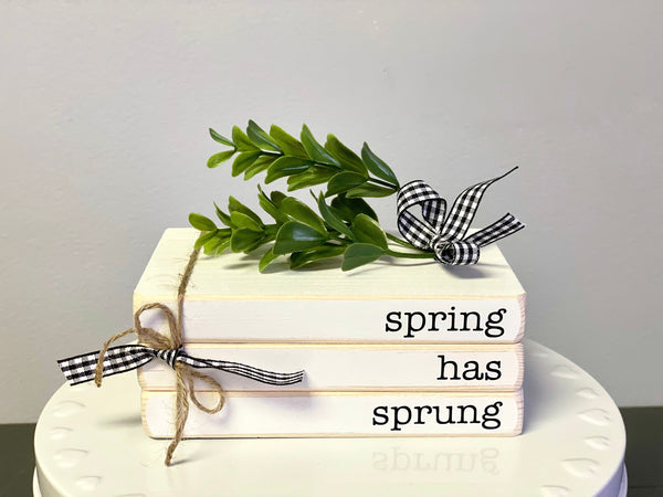 Wooden books, Spring decor, Mini book stack, Spring has sprung,  Farmhouse decor, Faux books, Tiered tray decor, kitchen decor, Greenery