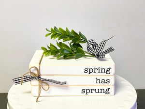 Wooden books, Spring decor, Mini book stack, Spring has sprung,  Farmhouse decor, Faux books, Tiered tray decor, kitchen decor, Greenery