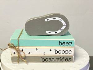 Summer book stack, Lake house decor, Tiered tray, Mini book stack, Cottage, flip flop, boat rides, beer, booze,  Nautical decor, Faux books