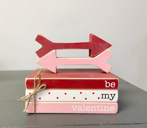 Valentines books, tiered tray decor, wooden arrows, mini book bundle, book stack, be my valentine, Valentine's day decor, faux books,