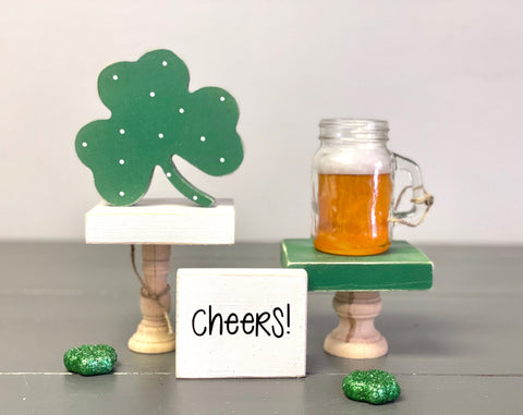 Faux beer mug and sign, Wooden shamrock, St. Patrick's day decor, Cheers sign, Tiered tray decor, Bar decor, Pedestals, Tiered tray sign