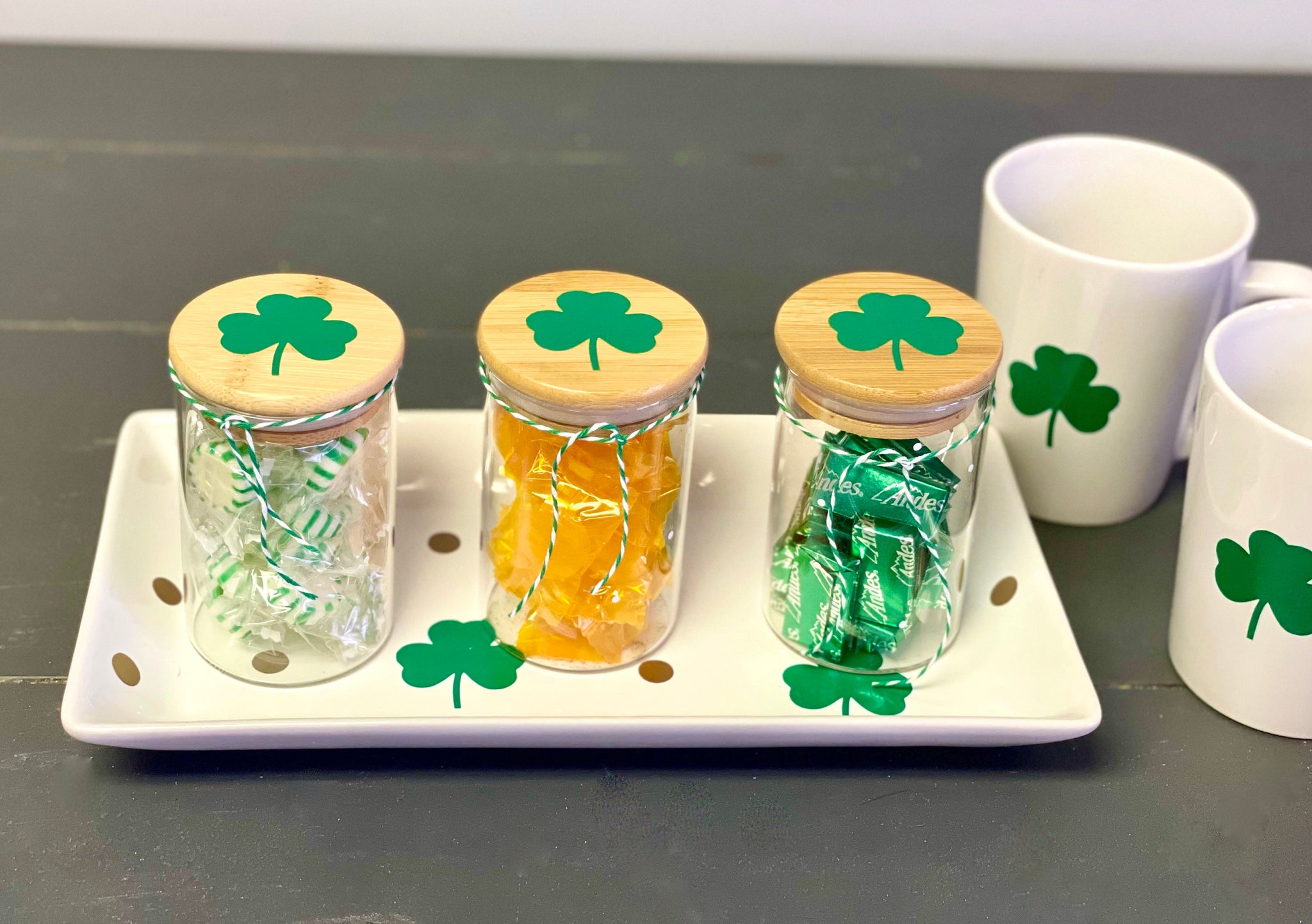 St. Patrick's decor, Coffee bar, Holiday tray, Tiered tray, Topping jars for hot cocoa bar, Tray and jar set, Irish coffee, Shamrock tray