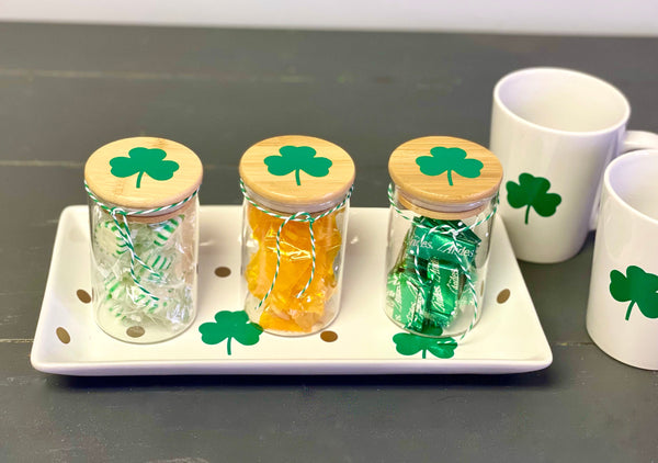 St. Patrick's decor, Coffee bar, Holiday tray, Tiered tray, Topping jars for hot cocoa bar, Tray and jar set, Irish coffee, Shamrock tray
