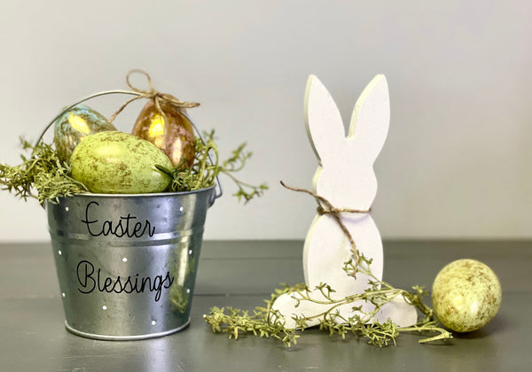 Easter decor, Wood bunny, Centerpiece, Mantle decor, Easter bucket with eggs, Farmhouse decor, Tiered tray decor, Easter blessings