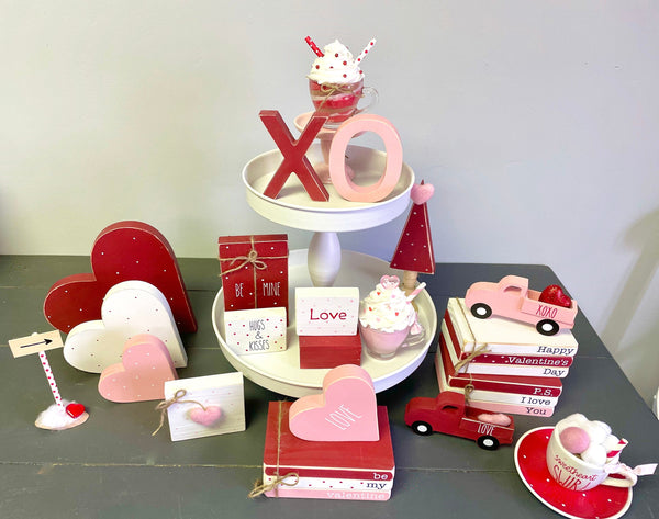 Valentine bundle, tiered tray decor, wooden heart, book bundle, book stack, Valentine's day decor, faux books, Truck, Mini mug, Tree