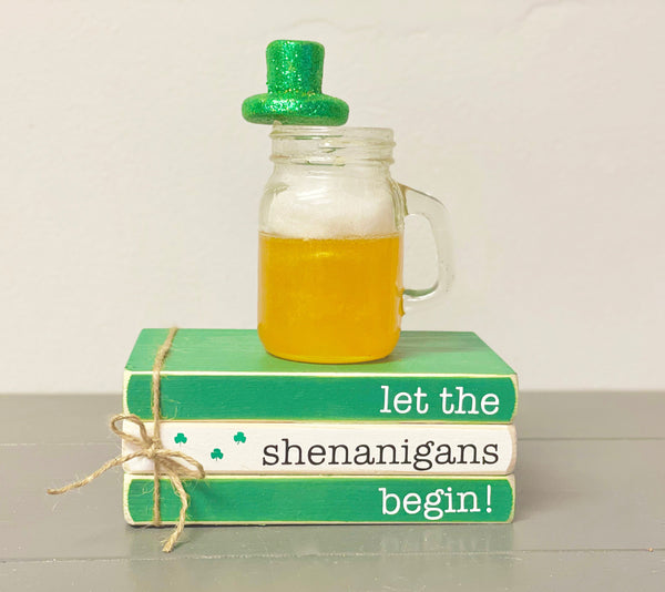St. Patrick's day decor, Beer sign, Tiered tray decor, faux beer mug, mini book bundle, book stack,  wooden books, Bar decor, Shenanigans