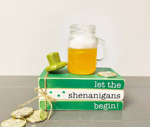 St. Patrick's day decor, Beer sign, Tiered tray decor, faux beer mug, mini book bundle, book stack,  wooden books, Bar decor, Shenanigans
