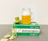 St. Patrick's day decor, Beer sign, Tiered tray decor, faux beer mug, mini book bundle, book stack,  wooden books, Bar decor, Shenanigans