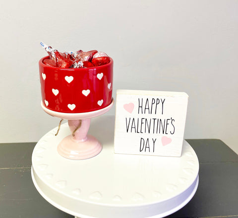 Valentine's day candy bowl, Tiered tray, Valentine gift, Decor, Happy Valentine's day sign, Tiered tray sign, Wood, pink pedestal
