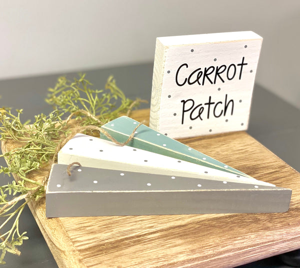 Wooden carrots, Easter decor, Rustic carrots, Polka dots, Farmhouse, Easter gift, Holiday tiered tray, Carrot patch sign, gray and white