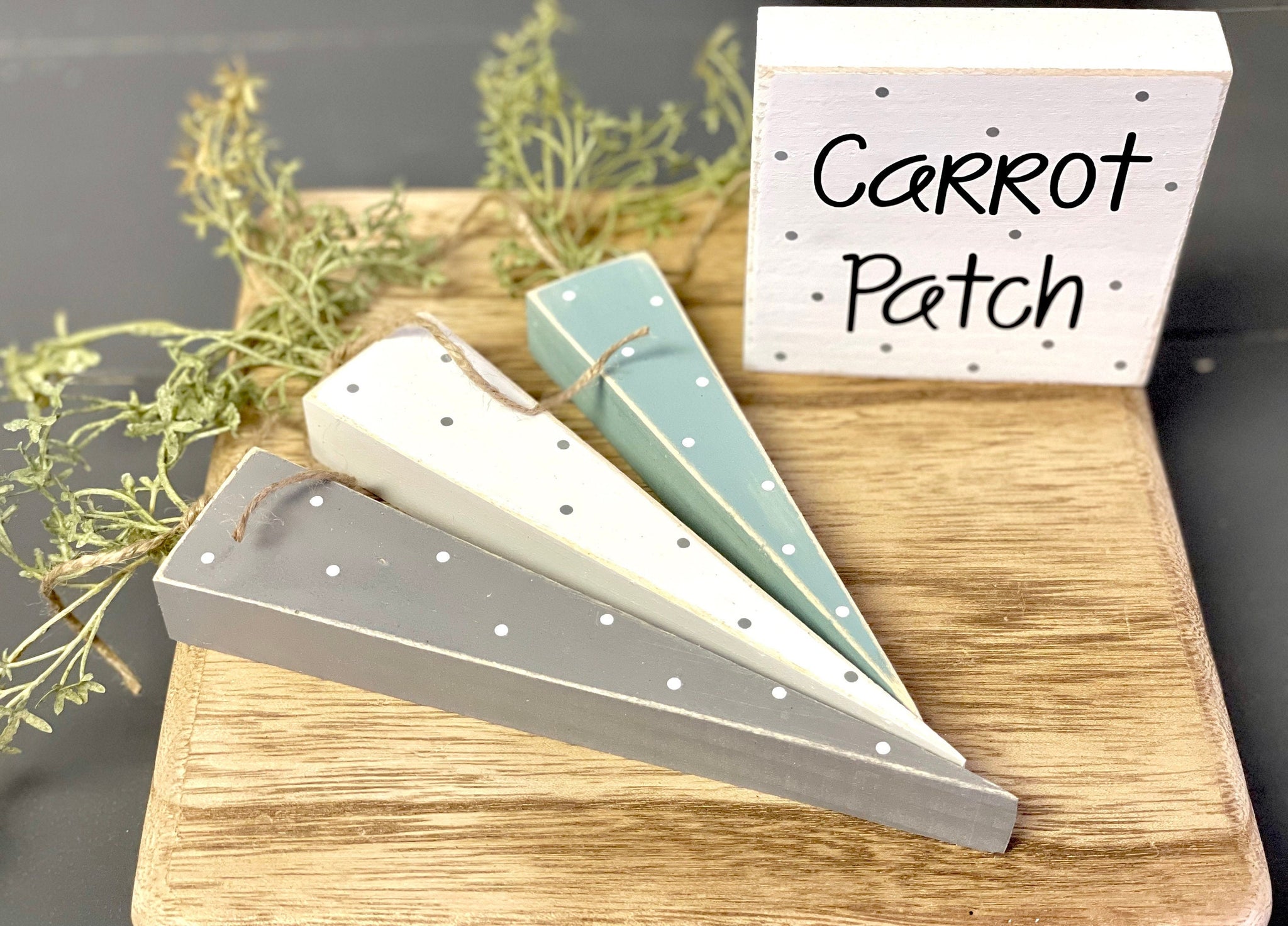 Wooden carrots, Easter decor, Rustic carrots, Polka dots, Farmhouse, Easter gift, Holiday tiered tray, Carrot patch sign, gray and white