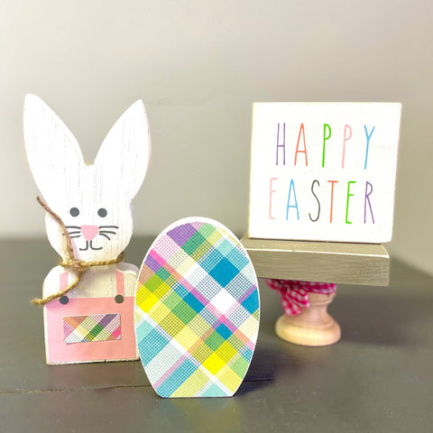 Wood Easter bunny with sign, Easter decor, Plaid egg