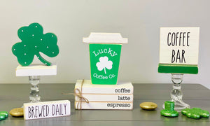 Coffee bar, Wood coffee to go cup, St. Patrick's day decor,  Mini book stack, Tiered tray, Shamrock, Pedestals, brewed daily, Lucky