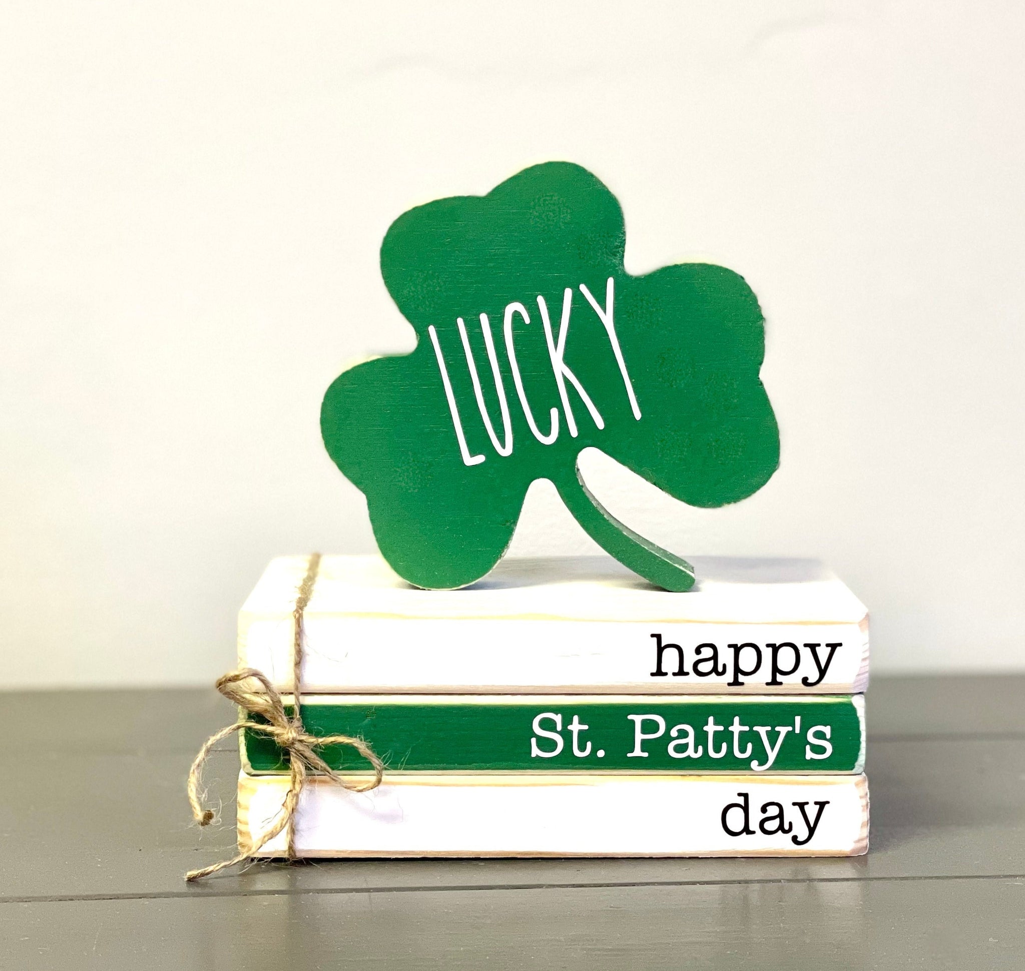 St. Patrick's day decor, Tiered tray decor,  Wooden shamrock, mini book bundle, book stack,  farmhouse,  wooden books, Lucky