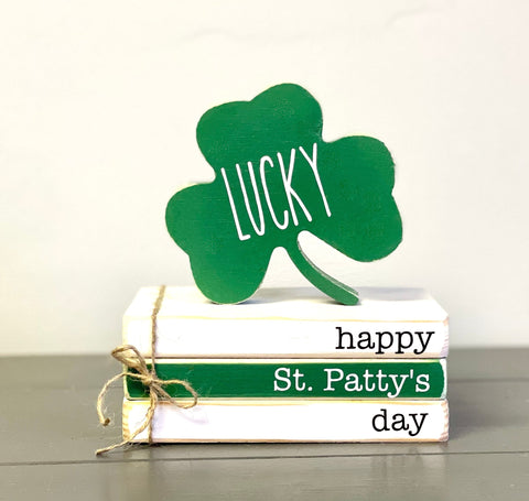 St. Patrick's day decor, Tiered tray decor,  Wooden shamrock, mini book bundle, book stack,  farmhouse,  wooden books, Lucky