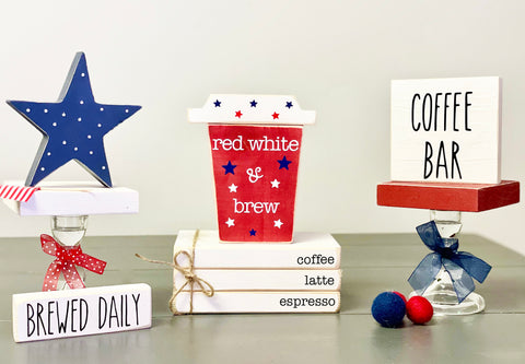 Coffee bar decor, Wood coffee cup, 4th of July, Wooden star, To go cup, Mini book stack, Tiered tray, Pedestals