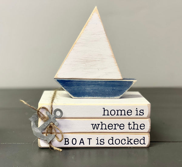 Nautical book stack, Wood sailboat, Handmade,  Nautical decor, Lake house, Cottage, Tiered tray decor