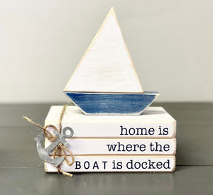 Nautical book stack, Wood sailboat, Handmade,  Nautical decor, Lake house, Cottage, Tiered tray decor