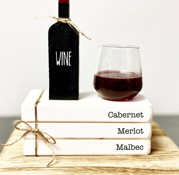 Wine decor, Mini book bundle, Faux glass of wine, Book stack, Red wine, Tiered tray decor, Wooden bottle of wine, Mother's day gift