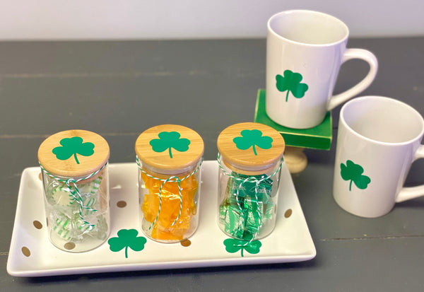 St. Patrick's decor, Coffee bar, Holiday tray, Tiered tray, Topping jars for hot cocoa bar, Tray and jar set, Irish coffee, Shamrock tray