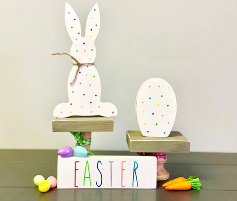 Easter tiered tray, Wood bunny, Easter decor, Wooden egg, Polka dot bunny, Tiered tray sign, Pedestals, Hostess gift, bundle, Spring decor