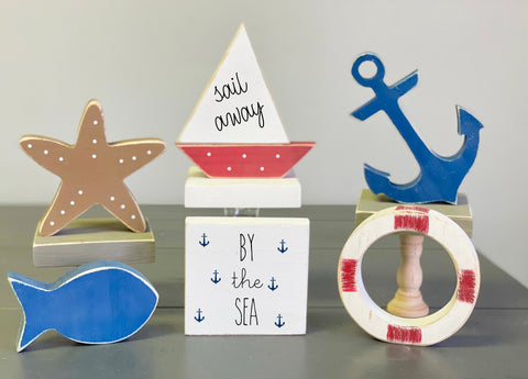 Nautical tiered tray, Anchor, Sailboat, Wood starfish, Life ring, Fish, Wooden sign, Beach, Nautical decor, Lake house, Cottage, By the sea