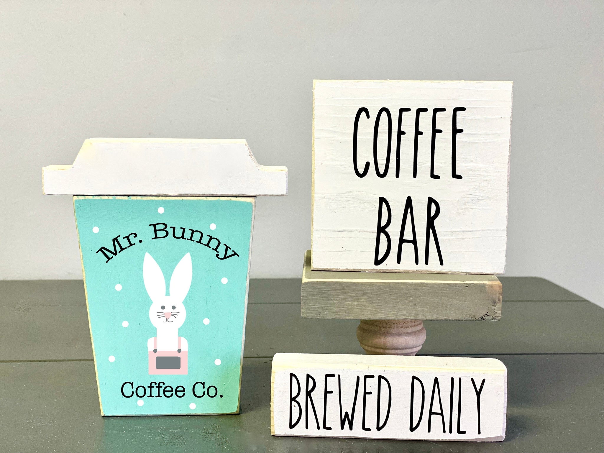 Coffee bar, Wood coffee to go cup, Easter decor, Tiered tray, Bunny,  brewed daily, Hostess gift, Spring decor