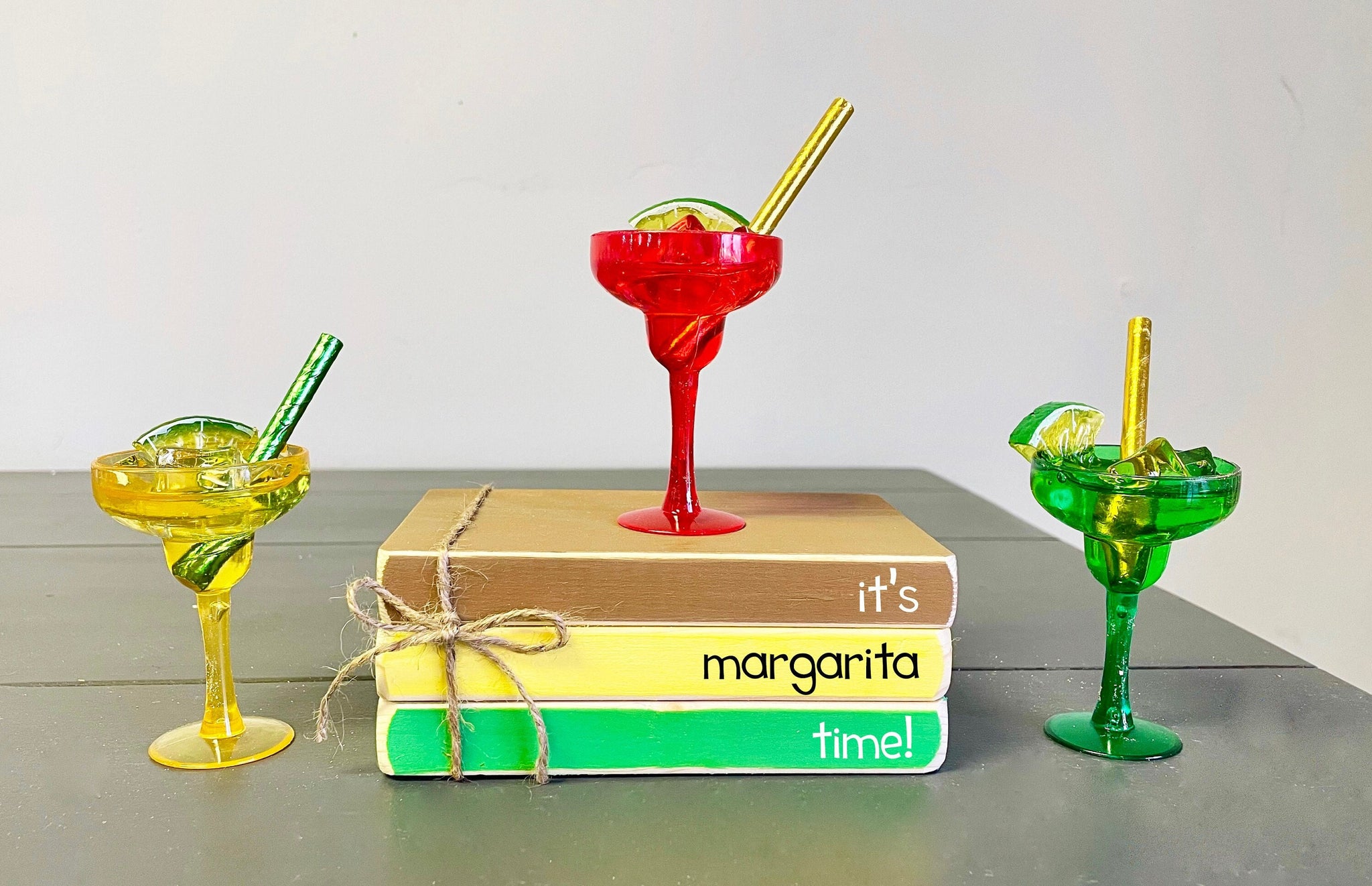 Faux margarita, Summer tiered tray decor, Margarita decor,  Happy hour sign, Lime, Bar decor,  book stack, wooden books