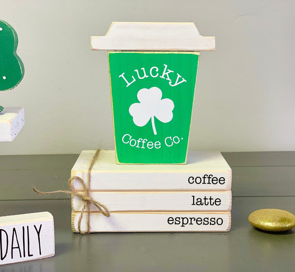 Coffee bar, Wood coffee to go cup, St. Patrick's day decor,  Mini book stack, Tiered tray, Shamrock, Pedestals, brewed daily, Lucky