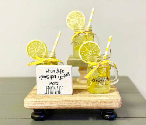 Lemonade, Glass jar, Tiered tray, Faux glass of lemonade,  Summer, Wooden sign, Lemon decor