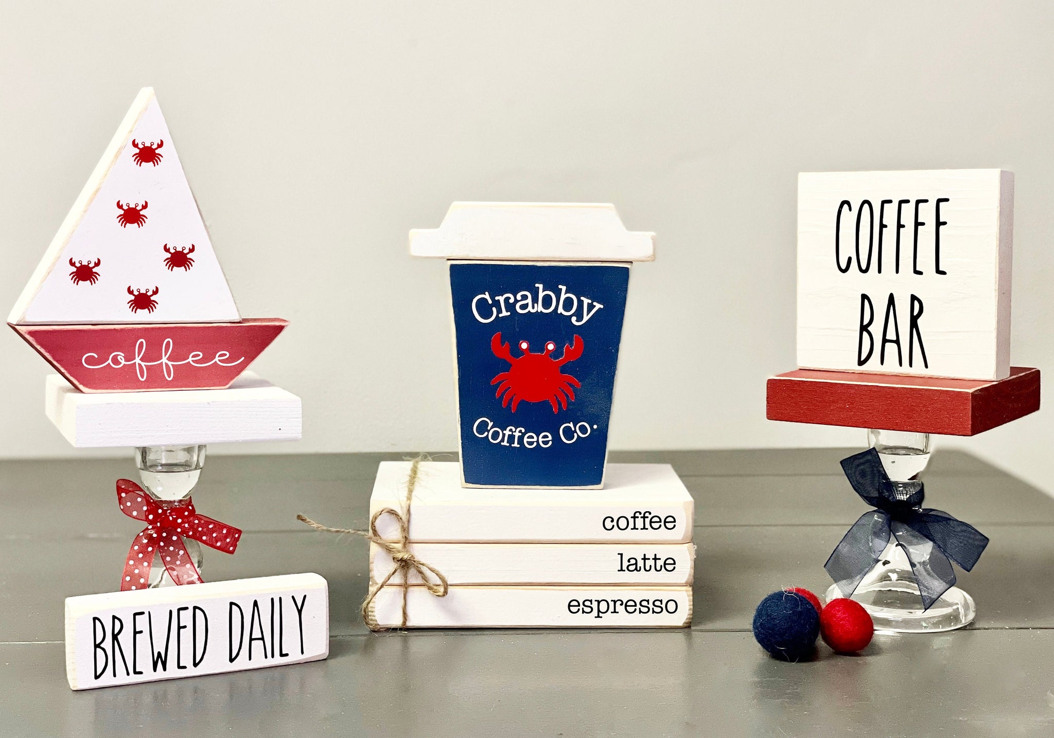 Coffee bar decor, Wood coffee cup, Wooden sailboat, Crab, Nautical, To go cup, Mini book stack, Nautical, Tiered tray, Pedestals