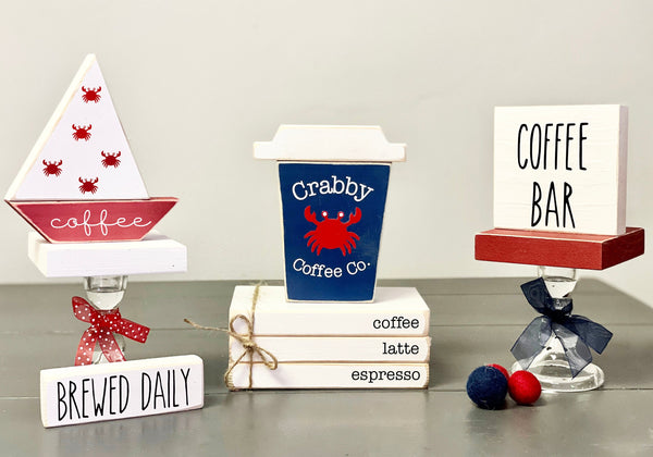 Coffee bar decor, Wood coffee cup, Wooden sailboat, Crab, Nautical, To go cup, Mini book stack, Nautical, Tiered tray, Pedestals