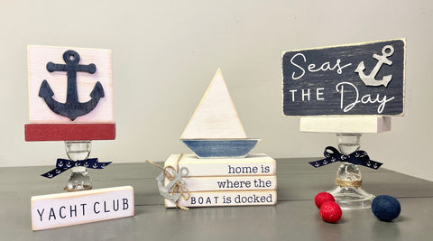 Nautical tiered tray, Book stack, Wood sailboat, Yacht club, Nautical decor, Seas the day, Pedestals, Lake house, Cottage, Anchor sign